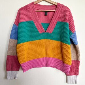 Forever 21 Rainbow Bright Multi-Colored Striped Knit V-Neck Sweater / Size S